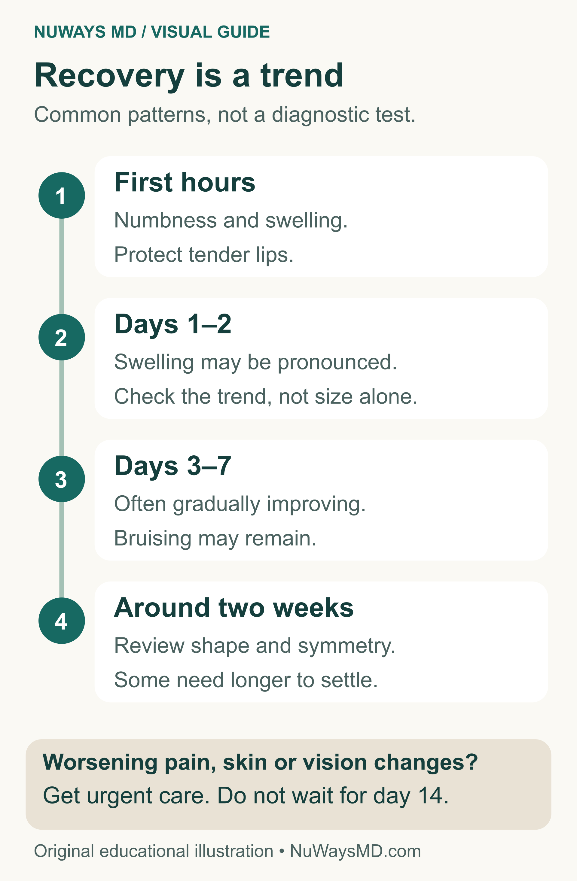 Lip filler recovery: early numbness and swelling, noticeable swelling in days one and two, often gradual improvement through the first week, and shape review around two weeks. Warning signs need urgent care at any stage.