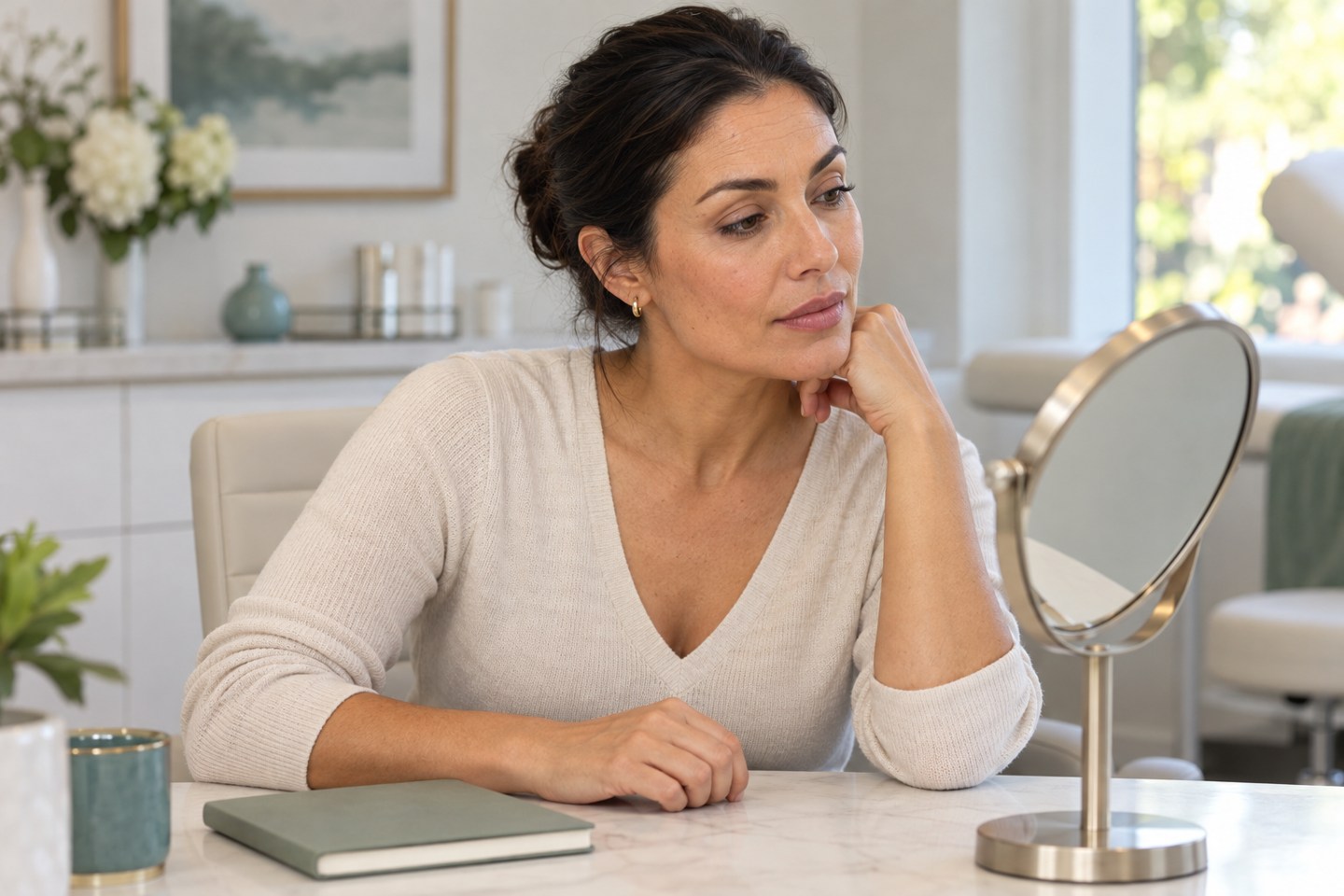 Woman considering her forehead lines in a consultation-room mirror.