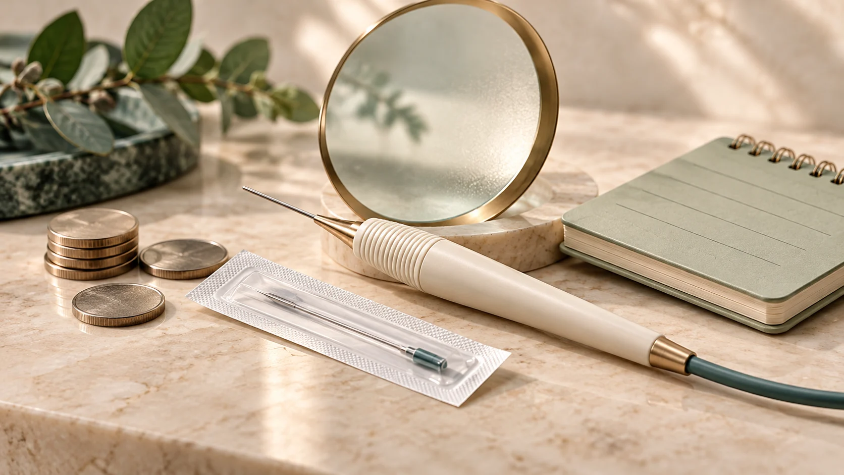 Conceptual editorial still life of an electrolysis probe holder, appointment planner and coins.