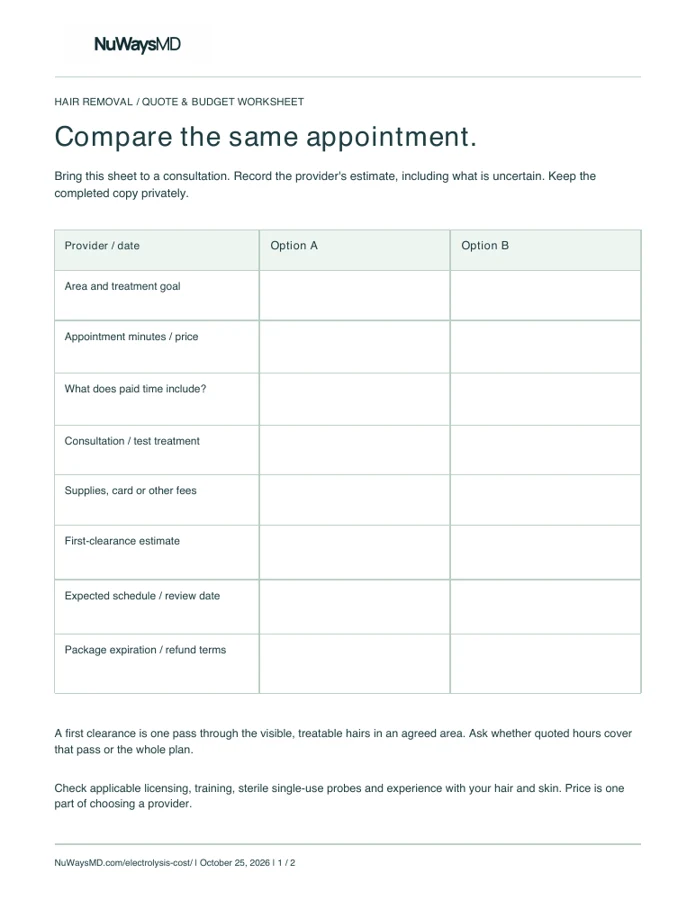 Preview of the two-provider electrolysis quote comparison worksheet.